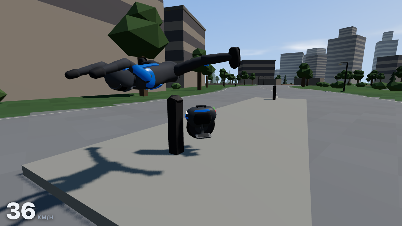 EUC Thrills — Cool Rider airborne after striking a small traffic-island bollard, with the riderless wheel, bollard, road, and city each visible